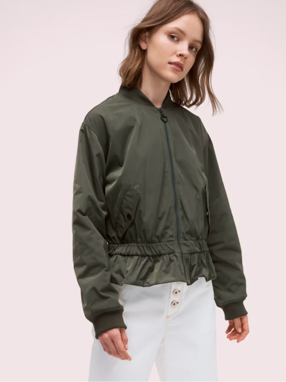 kate spade Olive Green Bomber Jacket - Ruffle Hem